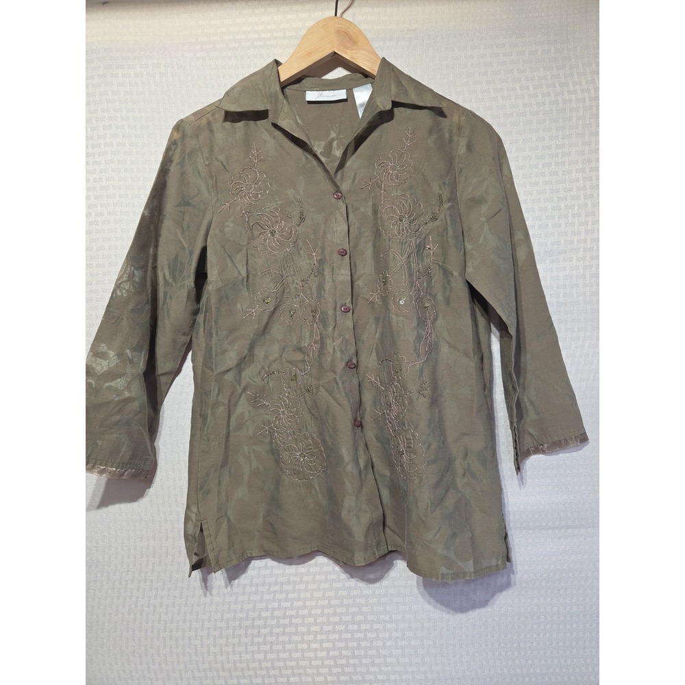 Jh Collectibles Sheer Olive Green Floral Embroidered Button Front Blouse Women's